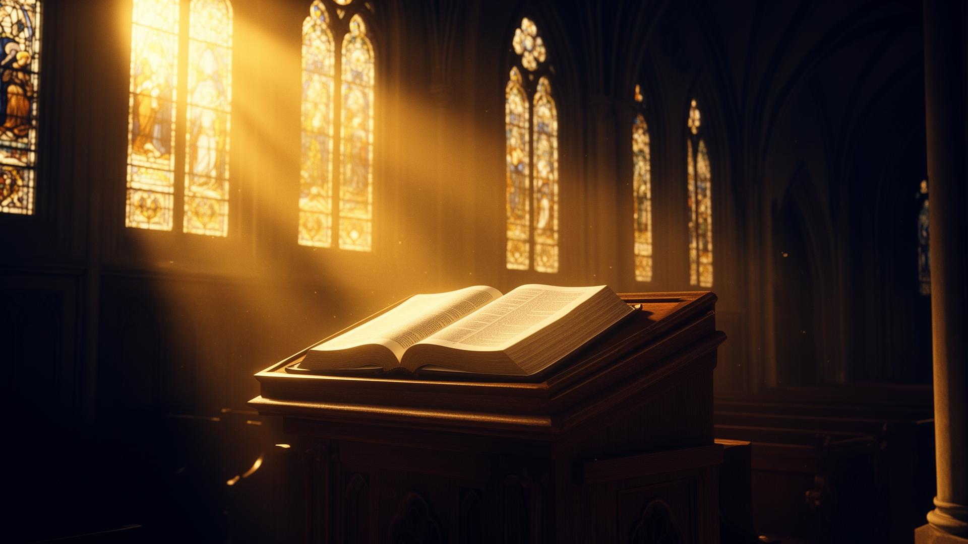 Light through cathedral windows on an open Bible