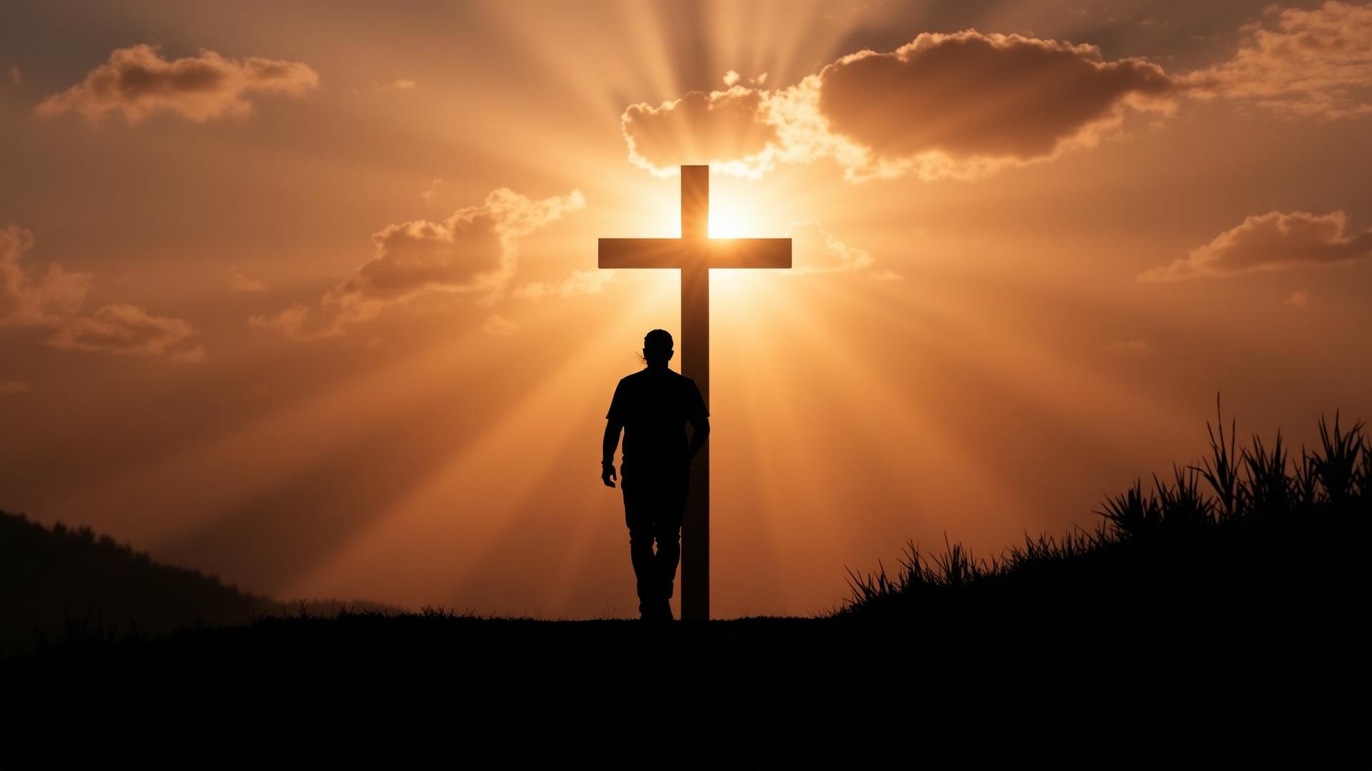 Silhouette walking toward cross at sunrise
